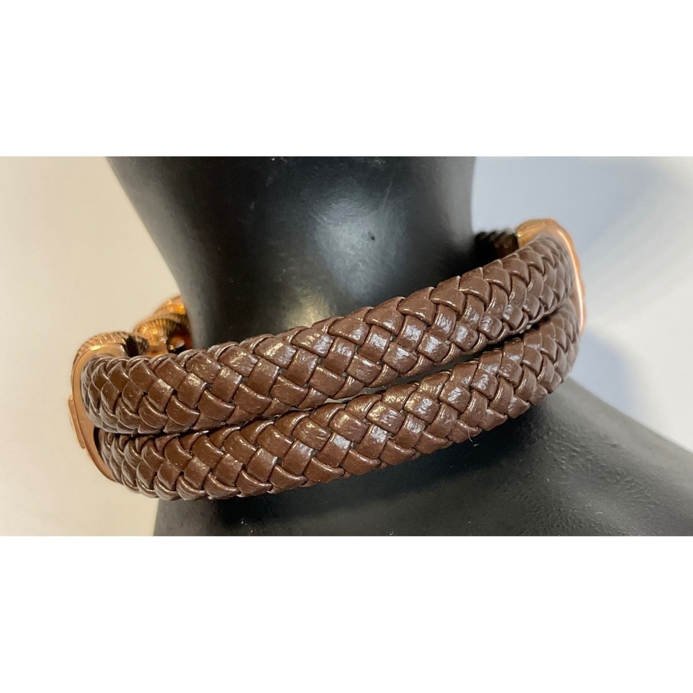 Judith Ripka Brown Braided Leather Rose Gold 925 Silver CZ Bracelet Average - Picture 2 of 5